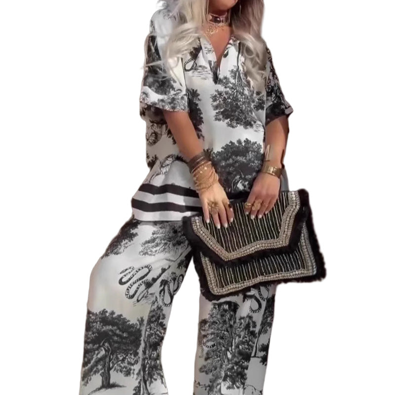 ๐50% KORTING! ๐ธ Casual set met print en V-hals voor dames โ Zacht en ademend โ Top met V-hals en lange broek ๐