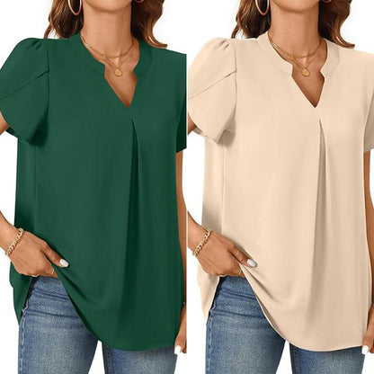 Dames V-hals effen top met korte mouwen