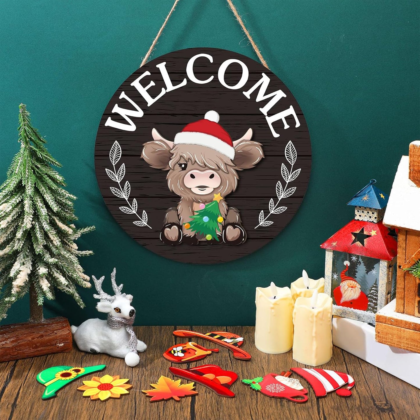 🐇LENTE 2026 HOT SELLER💥Highland Cow-bord Verwisselbaar welkomstbord met magneet Afneembare hoeden Schattige hangende koeien