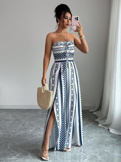 🌀 BE PERSTIJN 50% KORTING! 💥 Geometrisch jumpsuit met halterhals en split – Unieke print, elegante pasvorm, veelzijdige stijl ✨