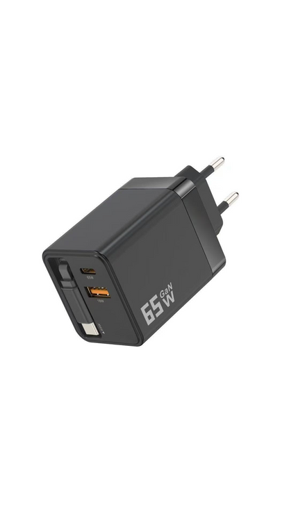 🔌50% KORTING! 65 W snellaadbare telefoonlader met intrekbare Type-C-kabel van 80 cm – wandlader met 3 poorten voor meerdere apparaten, veilig snel opladen voor telefoons, tablets en laptops