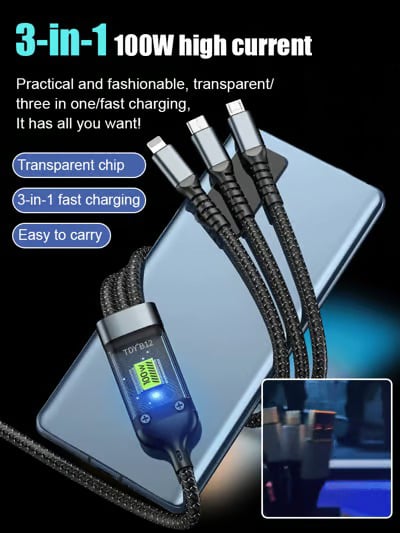 ⚡Flash-aanbieding voor een beperkte tijd🔋100W supersnel opladen, transparante 3-in-1-datakabel