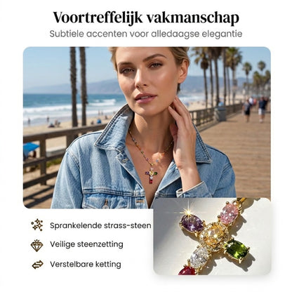 💎 50% KORTING!! ✝️ Kleurrijke ketting met kruisvormige hanger van strass – levendige glinstering, verstelbare lengte en een betekenisvol statement ✨