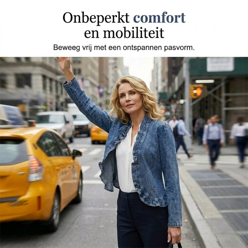 🧥 50% KORTING !! 🌸 Damesjeansjack met ruches en open voorkant – Lichtgewicht en vrouwelijk – Veelzijdig en chic 👗
