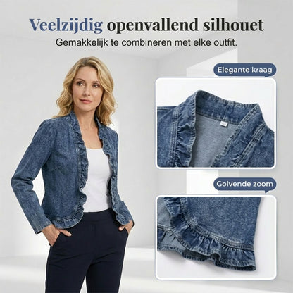 🧥 50% KORTING !! 🌸 Damesjeansjack met ruches en open voorkant – Lichtgewicht en vrouwelijk – Veelzijdig en chic 👗