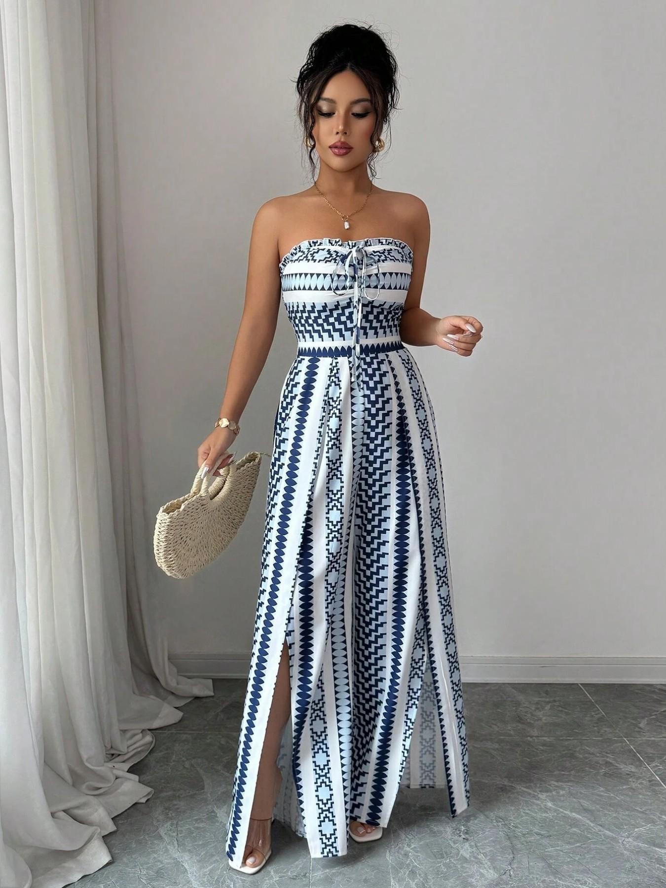 🌀 BE PERSTIJN 50% KORTING! 💥 Geometrisch jumpsuit met halterhals en split – Unieke print, elegante pasvorm, veelzijdige stijl ✨