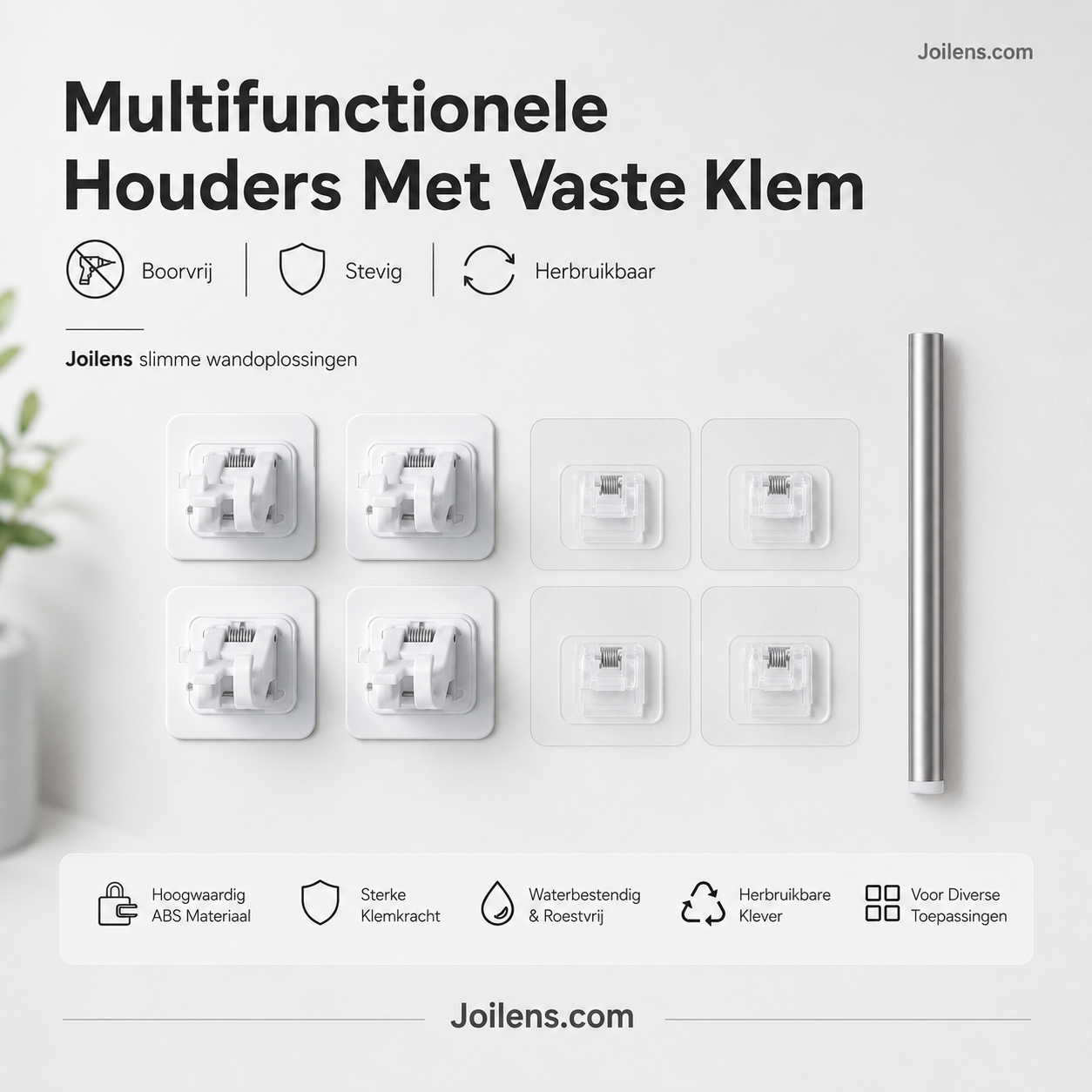 🧷 Spijkerloze gordijnroedehouders | Sterke kleefkracht, draagvermogen tot 2 kg · Boren of spijkers zijn niet nodig, beschadigt de muren niet · Waterdicht en roestbestendig · Geschikt voor diverse materialen