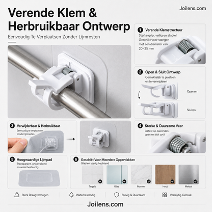🧷 Spijkerloze gordijnroedehouders | Sterke kleefkracht, draagvermogen tot 2 kg · Boren of spijkers zijn niet nodig, beschadigt de muren niet · Waterdicht en roestbestendig · Geschikt voor diverse materialen