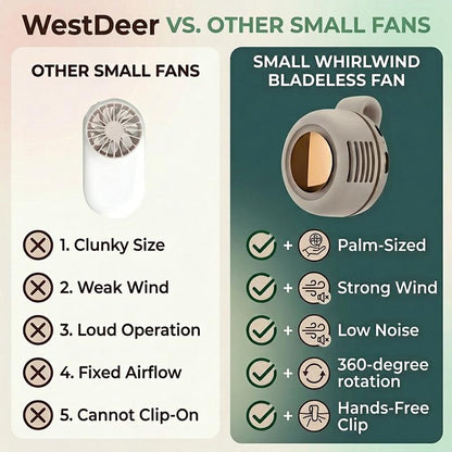 🌀50% KORTING🌿 Ventilator zonder bladen | 360° draaibaar · Bevestigbaar of hangend · Ultralicht en draagbaar · Snel opladen in 1,5 uur met een lange batterijduur · 3 snelheidsstanden