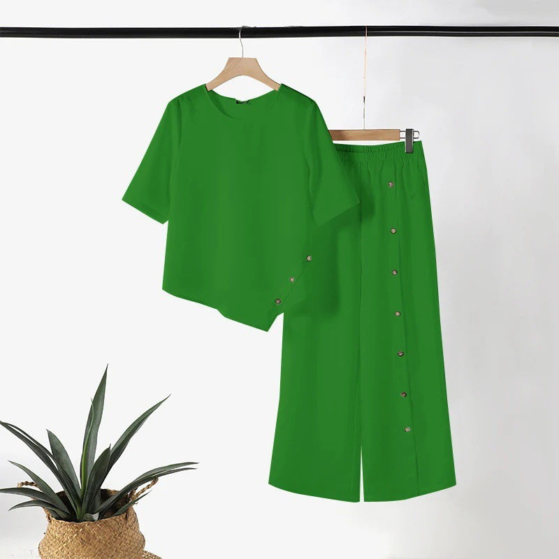 Onregelmatige tweedelige set 👗: Asymmetrische top + broek met enkele rij knopen — Ruimvallend & ademend 🛍️