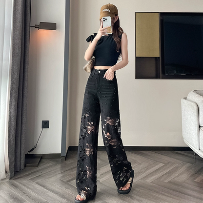 💜 LAATSTE DAG ACTIE - 60% KORTING 💜 Damesbroek met opvallende strass-steentjesprint en open details