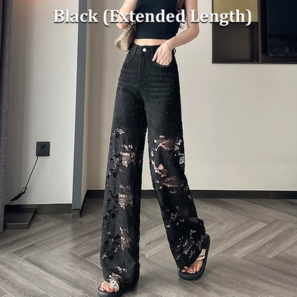 💜 LAATSTE DAG ACTIE - 60% KORTING 💜 Damesbroek met opvallende strass-steentjesprint en open details