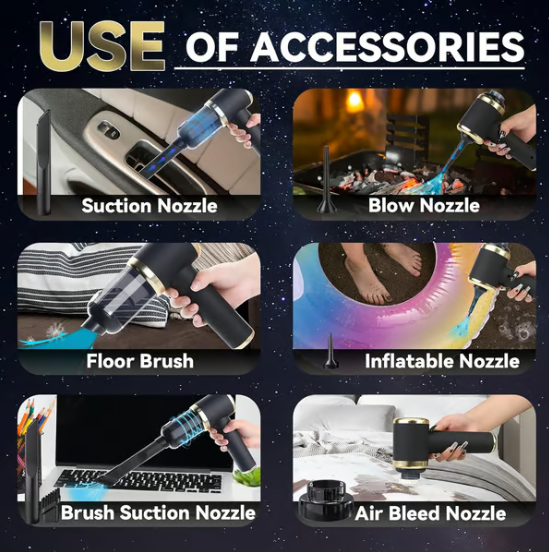 💨 Draagbare stofzuiger | Zuig- en blaasfunctie · Lange batterijduur · Slank en draagbaar · Compleet met accessoires