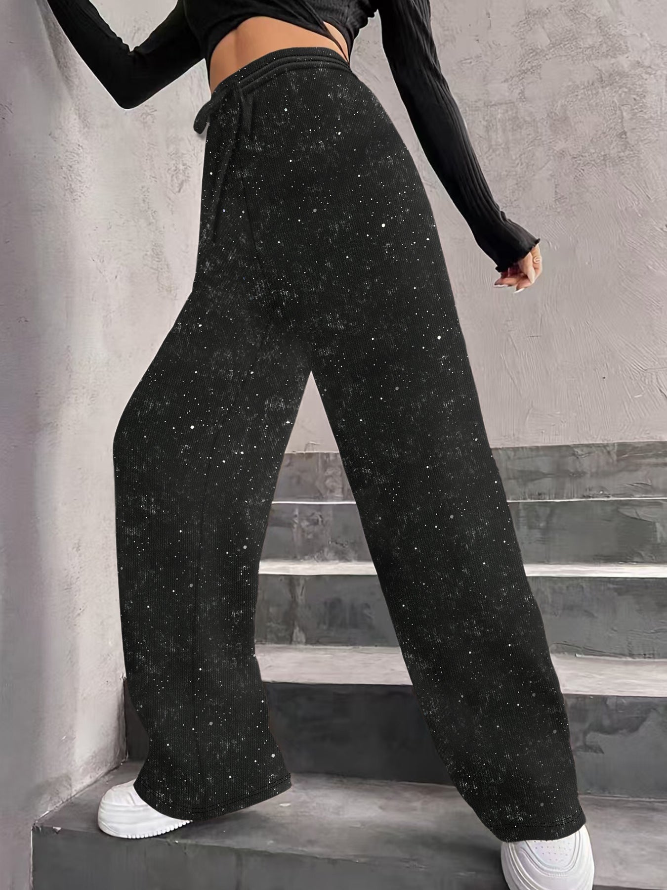 💖LAATSTE DAG UITVERKOOP 60% KORTING🥰Damesbroek met paillettenpatroon, wijde pijpen en elastische taille