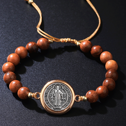 🛡️Een metgezel voor de beschermer✨Natuurlijke houten kralen Sint-Benedictusarmband🎁Verstelbaar, geschikt voor zowel mannen als vrouwen