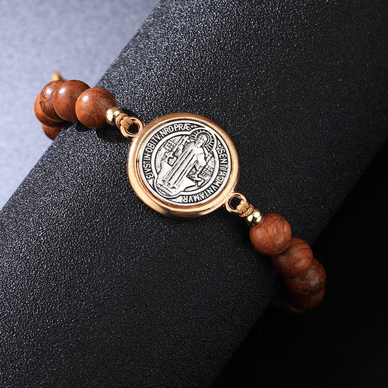 🛡️Een metgezel voor de beschermer✨Natuurlijke houten kralen Sint-Benedictusarmband🎁Verstelbaar, geschikt voor zowel mannen als vrouwen