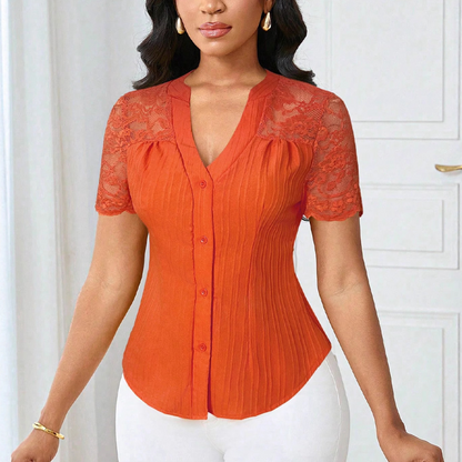 🌼LAATSTE DAG AANBIEDING - 60% KORTING👚Dames zomerblouse met V-hals, kanten mouwen en knoopsluiting
