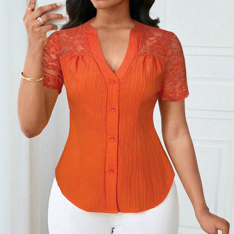 🌼LAATSTE DAG AANBIEDING - 60% KORTING👚Dames zomerblouse met V-hals, kanten mouwen en knoopsluiting