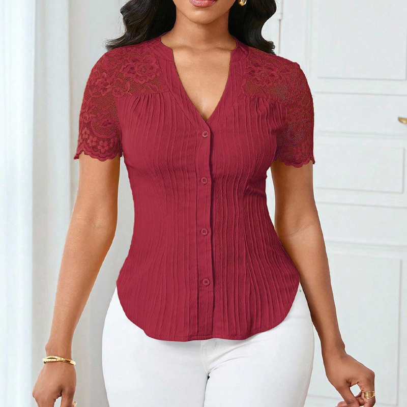 🌼LAATSTE DAG AANBIEDING - 60% KORTING👚Dames zomerblouse met V-hals, kanten mouwen en knoopsluiting