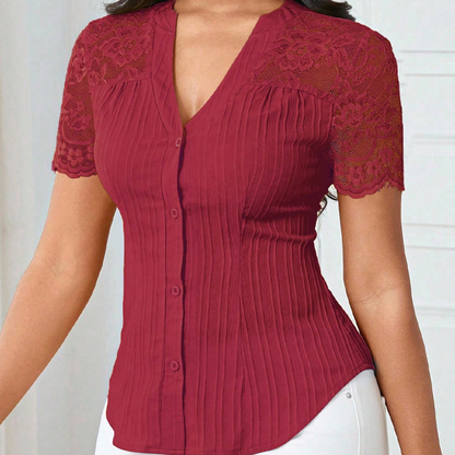 🌼LAATSTE DAG AANBIEDING - 60% KORTING👚Dames zomerblouse met V-hals, kanten mouwen en knoopsluiting