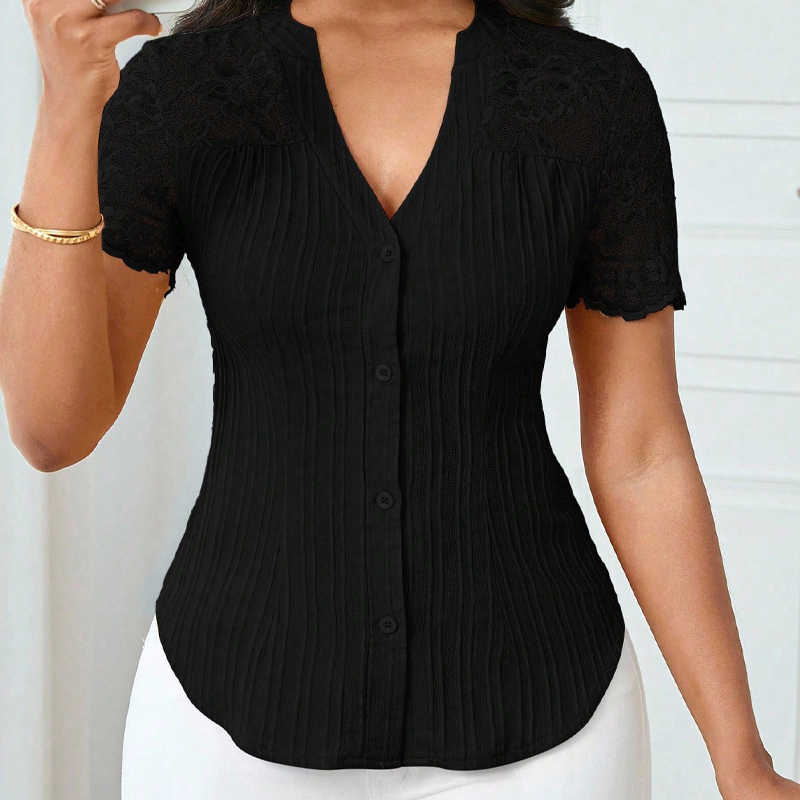 🌼LAATSTE DAG AANBIEDING - 60% KORTING👚Dames zomerblouse met V-hals, kanten mouwen en knoopsluiting