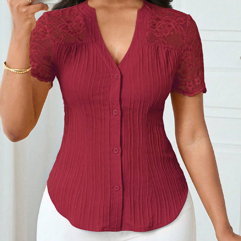 🌼LAATSTE DAG AANBIEDING - 60% KORTING👚Dames zomerblouse met V-hals, kanten mouwen en knoopsluiting