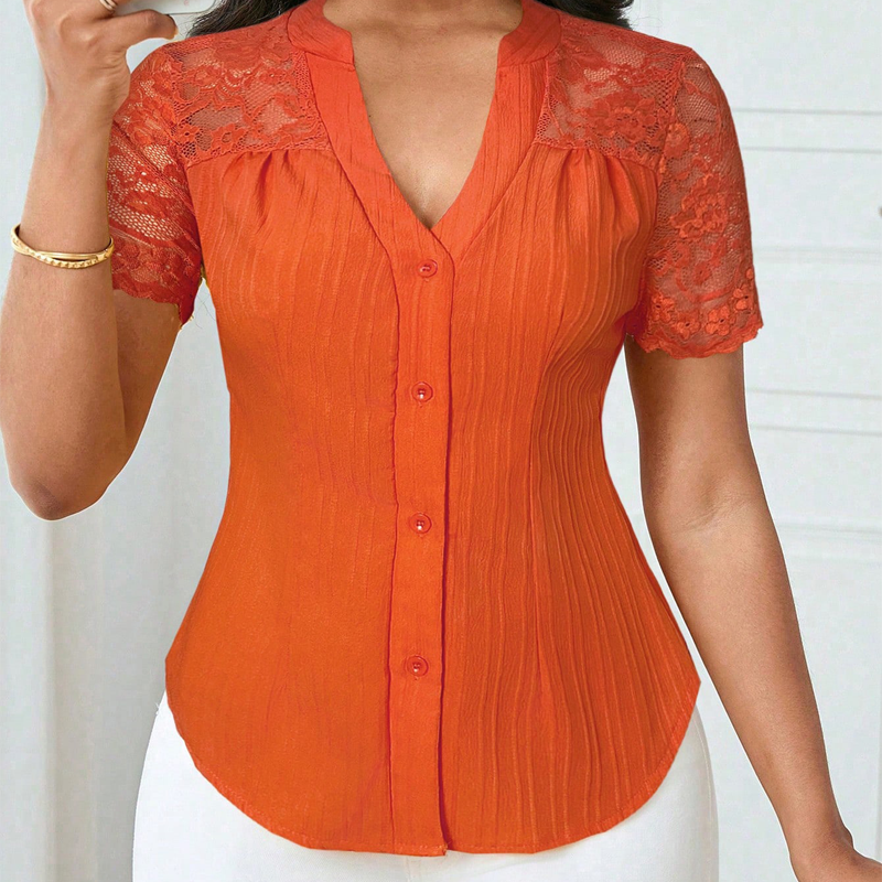 🌼LAATSTE DAG AANBIEDING - 60% KORTING👚Dames zomerblouse met V-hals, kanten mouwen en knoopsluiting