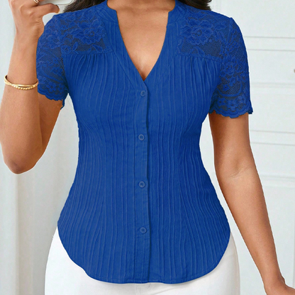 🌼LAATSTE DAG AANBIEDING - 60% KORTING👚Dames zomerblouse met V-hals, kanten mouwen en knoopsluiting