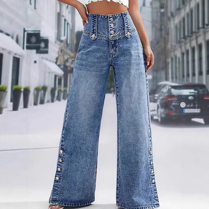 🔈🔈2026 NIEUWE AANWINSTEN - HOT SELLERS🔥👖Hoge taille jeans met wijde pijpen – gemakkelijk aan te trekken! Zijsplitten laten de wind binnen en houden je koel. 🌸