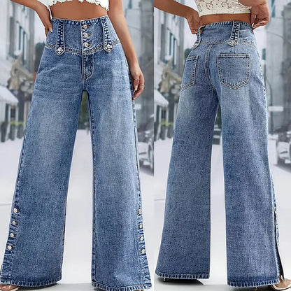 🔈🔈2026 NIEUWE AANWINSTEN - HOT SELLERS🔥👖Hoge taille jeans met wijde pijpen – gemakkelijk aan te trekken! Zijsplitten laten de wind binnen en houden je koel. 🌸