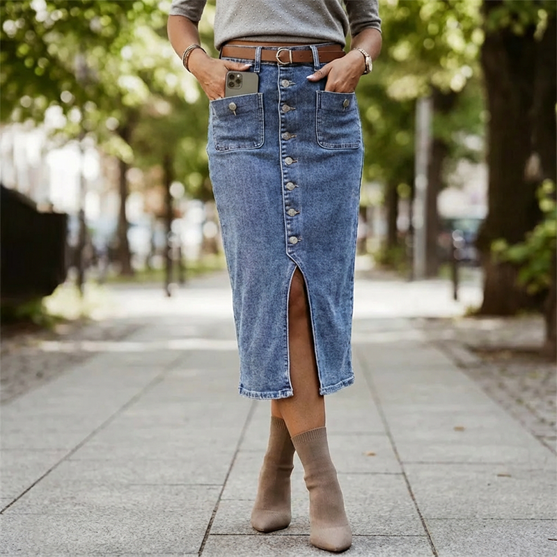 🔈🔈NU 60% KORTING👗Denim rok met hoge taille en knoopsluiting aan de voorkant