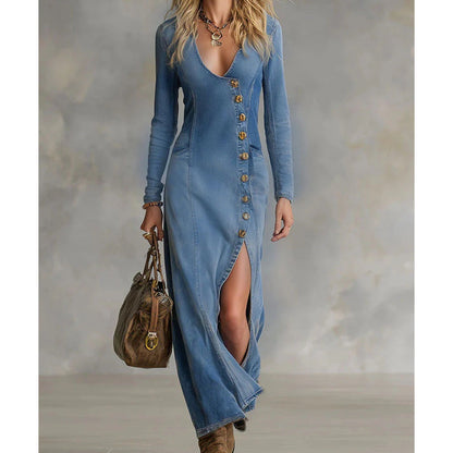 👗60% KORTING!🔥 Maxi-jurk met lange mouwen en V-hals voor dames – Zachte stof, nauwsluitende pasvorm en elegante hoge split💫💃