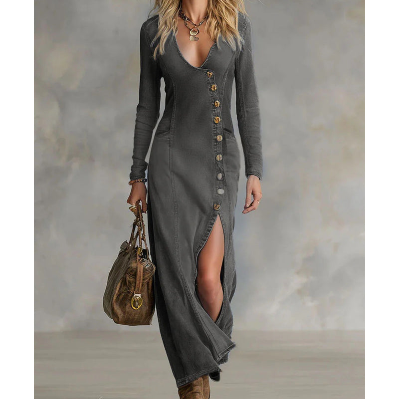 👗60% KORTING!🔥 Maxi-jurk met lange mouwen en V-hals voor dames – Zachte stof, nauwsluitende pasvorm en elegante hoge split💫💃