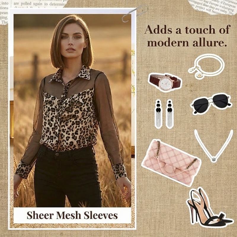 👚60% KORTING! 🐆 Damesblouse met luipaardprint en contrasterend mesh – Lange mouwen, aansluitend model en perfect voor zowel kantoor als avondje uit ✨