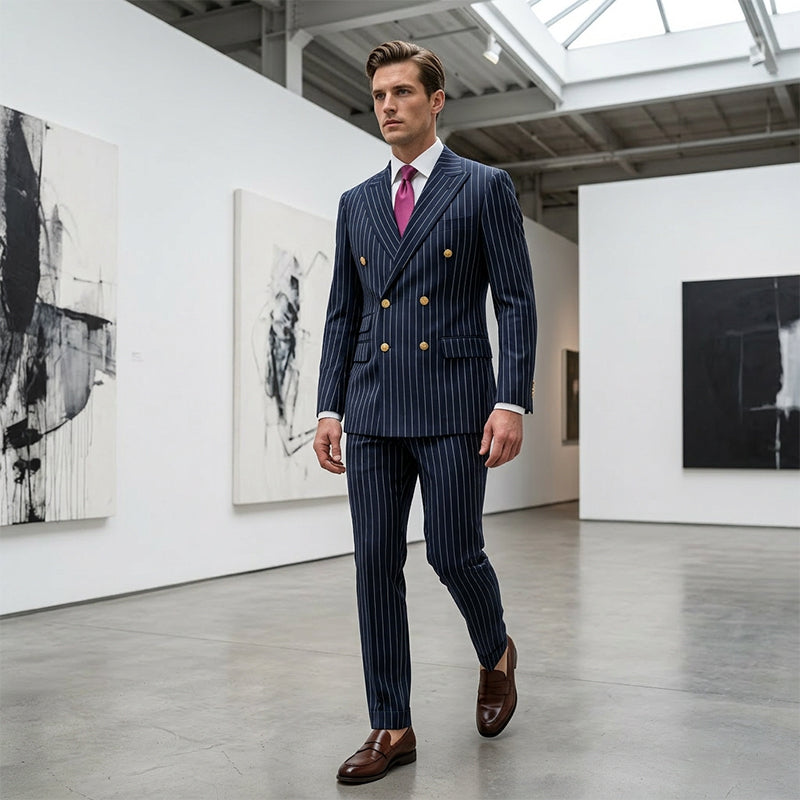 Herenpak met krijtstreep 👔 Optisch afslankend en verlengend, dubbelknoopsluiting met puntrevers, slanke pasvorm 💼 Geschikt voor zakelijke gelegenheden en bruiloften 🏆