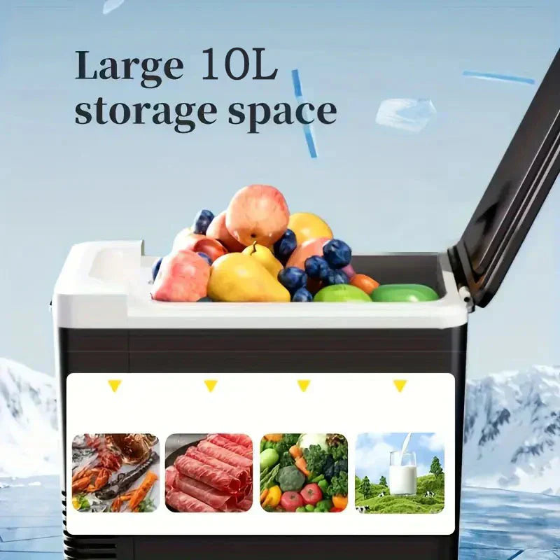 Draagbare autokoeler/verwarmer 🧊 20℃ temperatuurverschil, krachtige koeling/verwarming ♨️ Biedt ruimte aan 6 flessen water + snacks 🍎 Stille werking met slechts 45 decibel 🔇 Onmisbaar voor buitengebruik ⛺