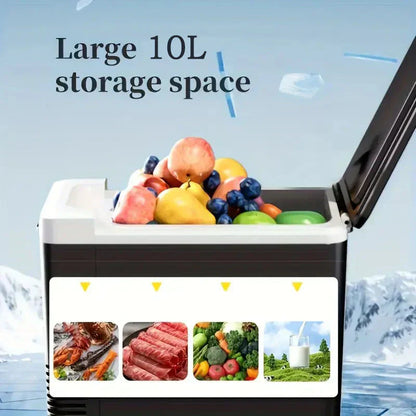 Draagbare autokoeler/verwarmer 🧊 20℃ temperatuurverschil, krachtige koeling/verwarming ♨️ Biedt ruimte aan 6 flessen water + snacks 🍎 Stille werking met slechts 45 decibel 🔇 Onmisbaar voor buitengebruik ⛺