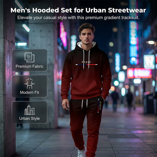 Sportset met zwart-rode kleurovergang 🔥 Compleet met hoodie & broek — Voorzien van een kangoeroezak en tailleband met trekkoord. Perfect voor zowel de sportschool als op straat! 💪