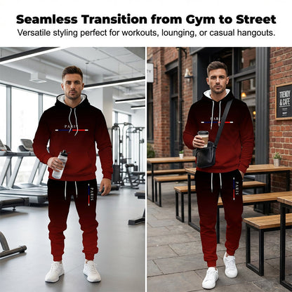Sportset met zwart-rode kleurovergang 🔥 Compleet met hoodie & broek — Voorzien van een kangoeroezak en tailleband met trekkoord. Perfect voor zowel de sportschool als op straat! 💪