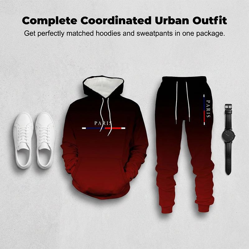 Sportset met zwart-rode kleurovergang 🔥 Compleet met hoodie & broek — Voorzien van een kangoeroezak en tailleband met trekkoord. Perfect voor zowel de sportschool als op straat! 💪