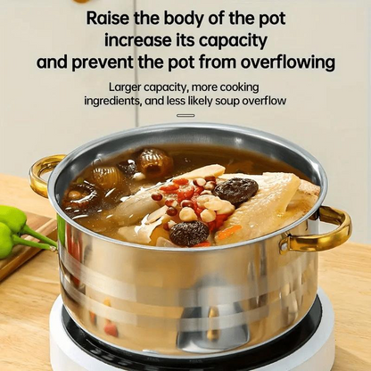 Vijfdelige kookset 🍲 Alles wat je nodig hebt om te stoven, koken en roerbakken. Verdikt roestvrij staal, transparant deksel, gouden handgreep. Geschikt voor alle soorten kookplaten 🔥