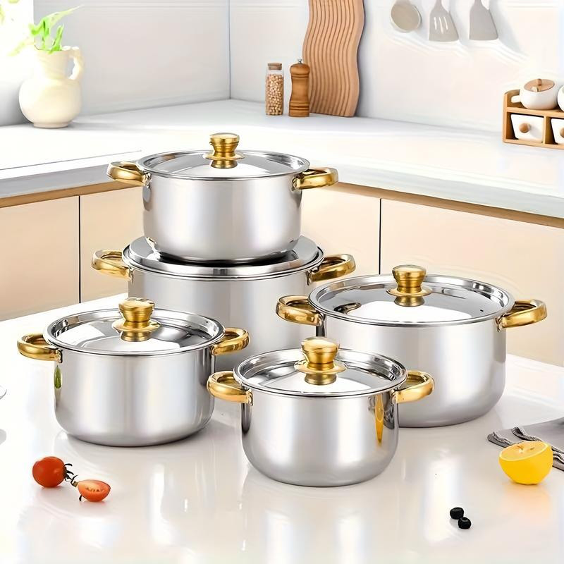 Vijfdelige kookset 🍲 Alles wat je nodig hebt om te stoven, koken en roerbakken. Verdikt roestvrij staal, transparant deksel, gouden handgreep. Geschikt voor alle soorten kookplaten 🔥