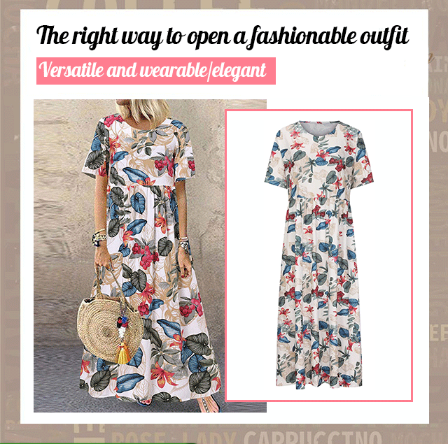 Retro maxi-jurk met bloemenprint 🌼 Ronde hals, korte mouwen, losvallend en zwierig, waardoor je eruitziet alsof je zo uit een tuin bent gestapt 🌿