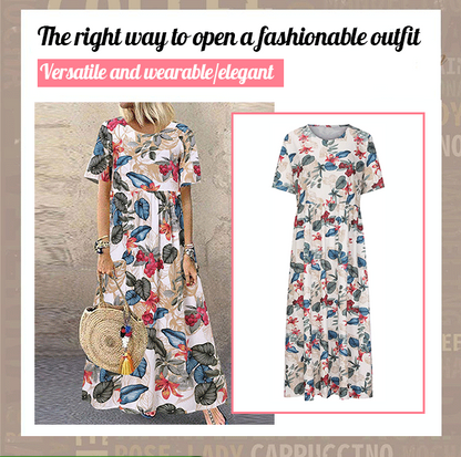 Retro maxi-jurk met bloemenprint 🌼 Ronde hals, korte mouwen, losvallend en zwierig, waardoor je eruitziet alsof je zo uit een tuin bent gestapt 🌿