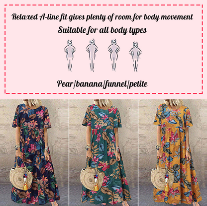 Retro maxi-jurk met bloemenprint 🌼 Ronde hals, korte mouwen, losvallend en zwierig, waardoor je eruitziet alsof je zo uit een tuin bent gestapt 🌿