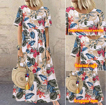 Retro maxi-jurk met bloemenprint 🌼 Ronde hals, korte mouwen, losvallend en zwierig, waardoor je eruitziet alsof je zo uit een tuin bent gestapt 🌿