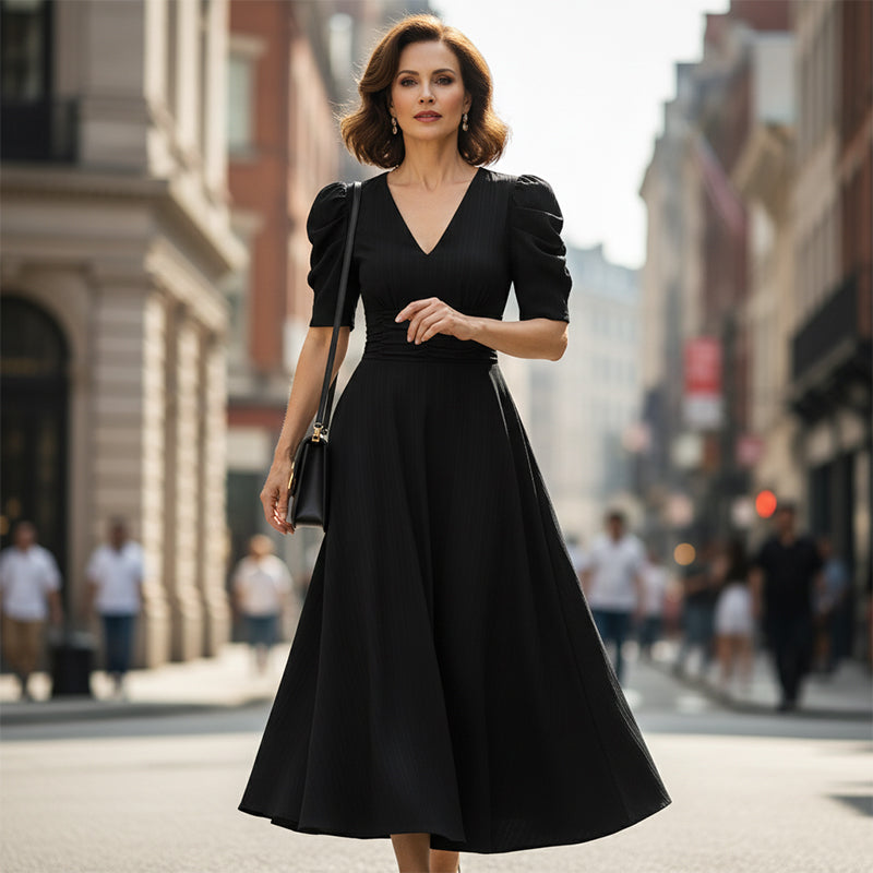 🥳2026 HOT UITVERKOOP🥳💞MEER DAN 50.000 VERKOCHT!💥💕🌿 50% KORTING! Elegante jurk met pofmouwen – V-hals en hoge taille creëren een zandloperfiguur. Ademend, kreukvrij. Perfect voor volwassen vrouwen. 👗✅