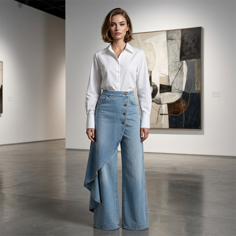 Asymmetrische wrap jeans 👖 Een combinatie van culottes en een pantalon, met een hoge taille voor een optisch langer lijkend effect, wijde pijpen en een zwierige pasvorm, en diagonaal geplaatste knopen – transformeer jezelf direct in een fashionista! ✨