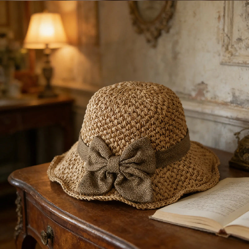 Strohoed in Franse stijl met strik 👒 — Ademend geweven ontwerp, brede golvende rand, bescherming tegen de zon & gezichtsversmallend effect. Verstelbare pasvorm (waait niet af!), opvouwbaar & makkelijk mee te nemen 🌊