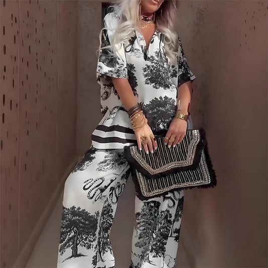 👚50% KORTING! 🌸 Casual set met print en V-hals voor dames – Zacht en ademend – Top met V-hals en lange broek 🍃